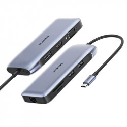 HUB multifunctional Ugreen 9in1 USB tip C - HDMI, DP, VGA, 2 x USB, Ethernet RJ45, cititor de carduri SD / TF, USB tip C PD 100W gri (CM274)