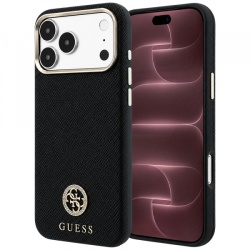 Husa MagSafe pentru Apple iPhone 18 Pro Max / 17 Pro Max, Guess, Grained Round Strass Logo, Neagra
