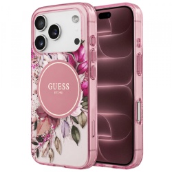 Husa MagSafe pentru Apple iPhone 18 Pro Max / 17 Pro Max, Guess, IML Flower & Tonal Circle, Roz