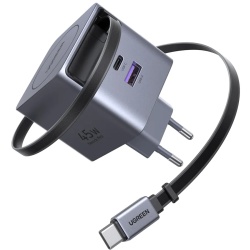 Incarcator de retea UGREEN 45W, GaN Fast Charger, USB-C, USB-A, Cablu Retractabil incorporat, Gri