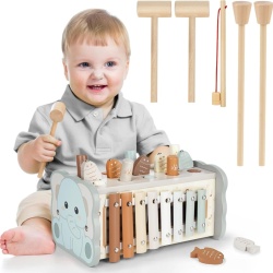 Jucărie Educativă Montessori 4 în 1 din Lemn DINORUN pentru Copii 1–3 Ani, Joc Lovit Cârtițe (Mole Catcher), Pescuit Magnetic, Xilofon Muzical și Rotițe Dințate, Vopsea pe Bază de Apă, Multicolor