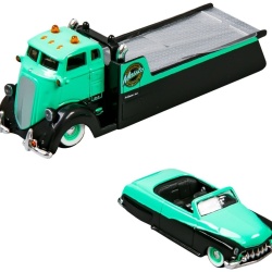 MAISTO DESIGN ELITE TRANSPORT SET CAMION CU RAMPA COE FLATBED SI MASINUTA MERCURY CUSTOM 1950 SCARA 1 LA 64 - Img 3