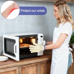 Mănuși Termorezistente de Bucătărie și Grătar AUAUY (1 Pereche), Bumbac Tricotat Dublu Strat, Rezistență până la 250°C, Design Ergonomic cu 5 Degete Ambidextru, Lungime 26 cm, pentru Cuptor, Tăvi Incinse, Fontă și BBQ - Img 4
