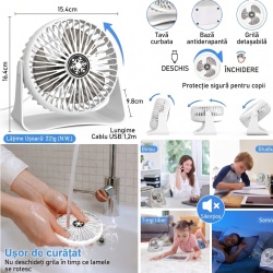 Mini Ventilator USB de Birou, 3 Trepte de Viteză, Cablu USB 1.2 m, Typec Rotație 360°, Grilaj Detașabil, Silențios, pentru Birou și Dormitor, Alb - Img 2
