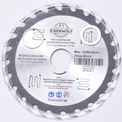 Pânză Circulară pentru Lemn Ø 125 x 22.23 mm cu 24 Dinți TCT din Carbură de Tungsten, Viteză Maximă 12.250 RPM, Tăiere Lemn Masiv, Esențe Tari/Moi și Compozite