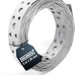 Plabanda Bandă Perforată de Montaj HELPMATE 3 m x 20 mm x 0.8 mm, Oțel Galvanizat Sendzimir, Chingă Metalică Lată pentru Suspendare Rigide, Fixare Țevi, Cabluri și Lucrări de Construcție/DIY, Argintiu