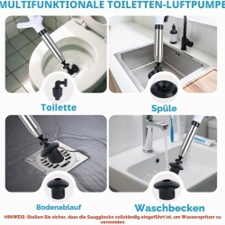 Pompă Pneumatică de Desfundat Țevi cu Aer Comprimat de Înaltă Presiune, Barometru Integrat, Corp Inox și 4 Adaptoare din Cauciuc Natural, Deblocare Rapidă Fără Chimicale pentru Toaletă, Chiuvetă, Cadă, Duș și Sifon de Pardoseală - Img 3