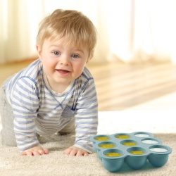 Recipient Congelator Porționare Hrană Bebeluși Aolso din Silicon Alimentar Fără BPA, 9 Compartimente x 75 ml cu Capac Detașabil, Formă Congelare Piureuri, Supe și Gustări, Albastru - Img 4