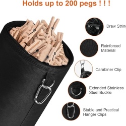 Sacosa pentru carlige de rufe Typec, cu snur de strangere si carabiniera de agatare, sac depozitare impermeabil pentru interior si exterior, Negru - Img 6