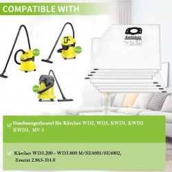 Set 10 Saci de Filtrare din Pânză Textilă (Fleece) Compatibili cu Aspiratoare Umed-Uscate Kärcher WD 2, WD 3, MV 3, SE 4001, SE 4002, Microfibră 3 Straturi Rezistentă la Rupere, Filtrare 99.97% - Img 5