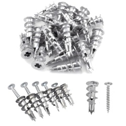 Set 100 Piese Dibluri Metalice Autoperforante pentru Gips-Carton (Gipscarton / Rigips), 50 Dibluri Autofiletante din Aliaj de Zinc + 50 Șuruburi din Oțel Zincat #8 x 1-1/4 Inch (32 mm), Montaj Rapid Fără Pregăurire, Alb