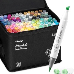Set 120 Markere Profesionale pe Bază de Alcool Ohuhu Honolulu, Vârf Dublu Pensulă și Tesit (Brush & Chisel), Reîncărcabile, Blender Incolor și Husă de Transport Inclusă