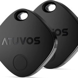 Set 2 Dispozitive de Urmărire Inteligente ATUVOS Smart Tracker Bluetooth, Compatibile cu Rețeaua Apple Find My (Unde este? - Doar iOS), Baterie Înlocuibilă CR2032 Inclusă, Difuzor Puternic 80–100 dB, Rezistență la Apă IP67, Fără Abonament, Negru