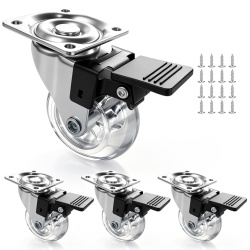 Set 4 Roți Pivotante Transparente din Poliuretan de 2 Inch cu Frână, Capacitate 400 Lbs (aprox. 180 kg), Rotație Silențioasă la 360°, Protecție pentru Pardoseală și Kit de Montaj, pentru Mobilier și Proiecte DIY