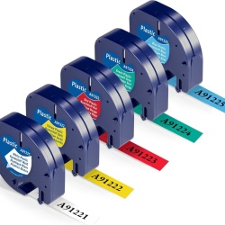 Set 5 Benzi Etichetare Compatibile Dymo LetraTag 12 mm x 4 m, Plastic Multicolor (Alb, Roșu, Galben, Albastru, Verde), Scris Negru, Înlocuire 91201–91205 / 91221–91225