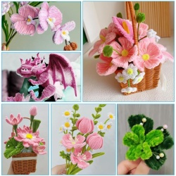 Set Creativ DIY Buchet Lalele Anseom, 300 Fire Chenille Flexibile 30 cm, 20 Tije Metalice Florale, 400 Stamine, 2 Benzi Adezive Floristice, Roz / Multicolor - Img 3