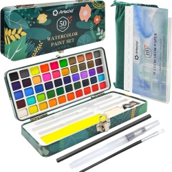 Set Culori Acuarelă Artecho cu 50 de Nuanțe (4 Fluorescente), Cutie Metalică Portabilă, Hârtie Acuarelă, Pensule și Accesorii Complete pentru Călătorii, Artiști și Pasionați