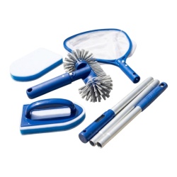Set curățare și întreținere piscină 5 piese – Tijă telescopică din aluminiu, minciog suprafață, perie colțuri 360°, perie manuală cu mâner și burete abraziv, albastru/alb