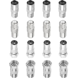 Set de 16 adaptoare coaxiale la priza TV, aliaj de zinc nichelat si cupru, conexiune stabila, pierderi reduse de semnal, montaj rapid, pentru antene TV, satelit, cablu coaxial si dispozitive video