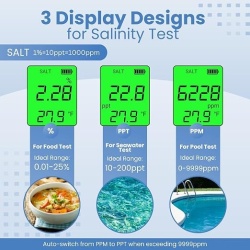 Tester digital 5 in 1 pentru apa si piscine cu electroliza de sare, masurare pH, Salinitate, TDS, EC si Temperatura, ecran LCD iluminat, pentru piscina, jacuzzi, acvariu si hidroponie - Img 3