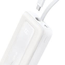 Acumulator extern Anker Zolo 10.000 mAh, 30W, 1x USB-C, 1x USB-A, cablu USB-C incorporat, Alb