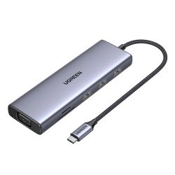Adaptor Ugreen CM498 15600 USB-C - 3x USB-A 3.0 / HDMI / VGA / RJ45 / SD / cititor de carduri TF / USB-C PD - gri