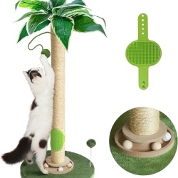 Ansamblu de joacă și stâlp pentru ascuțit ghearele pisici, 90 cm, sisal natural, cu perie de masaj/toaletare și minge interactivă, pentru pui și adulți