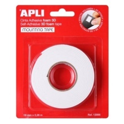 Bandă adezivă, APLI 3D, dublu adezivă, spumă, 19 mm x 2,28 m, alb