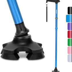 Baston Pliabil și Reglabil pentru Adulți și Seniori Rehand, Bază Pivotantă Autoportantă în 4 Puncte (Freestanding), Mâner Ergonomic Moale din TPR, Tijă Ușoară din Aluminiu cu 8 Trepte de Înălțime (78–96 cm), Husă de Transport Inclusă, Albastru