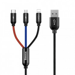 Cablu pentru incarcare pentru toate tipurile de dispozitive, Baseus Three Primary Colors USB, cu mufe Micro-USB, USB-C, Lightning, 3A, 1,2M, negru