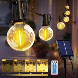 Ghirlandă Solară Luminoasă de Exterior 10 m cu 15+1 Becuri LED G40, 8 Moduri Iluminare, Telecomandă, Încărcare Dublă Solar și USB, Baterie 1800 mAh, Impermeabilă IP44, Lumină Caldă 2700K, pentru Grădină, Terasă și Foișor