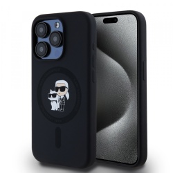 Husa MagSafe pentru Apple iPhone 15 Pro, Karl Lagerfeld, Silicone Karl & Choupette, Neagra