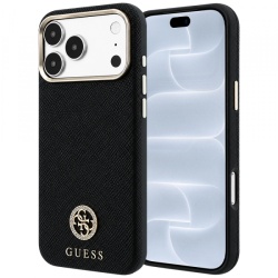 Husa MagSafe pentru Apple iPhone 18 Pro / 17 Pro, Guess, Grained Round Strass Logo, Neagra