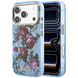 Husa MagSafe pentru Apple iPhone 18 Pro / 17 Pro, Guess, IML Glitter Blossom Roses, Bleu