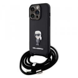 Husa pentru Apple iPhone 15 Pro, Karl Lagerfeld, Saffiano Crossbody Monogram Metal Pin Karl, Neagra