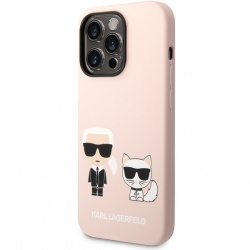 Husa TPU Karl Lagerfeld Liquid Silicone pentru Apple iPhone 14 Pro, MagSafe Compatible, Karl and Choupette, Roz KLHMP14LSSKCI