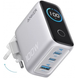 Incarcator Retea Cu Cablu USB-C Anker Smart Display, 100W, 5A, 1 x USB-A - 2 x USB-C, Argintiu B121BG41