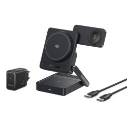 Incarcator wireless Baseus PicoGo AF21 3-in-1, Qi2.2, 35W, cu incarcator retea 45W, Negru