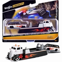 MAISTO DESIGN ELITE TRANSPORT SET CAMION CU RAMPA COE FLATBED SI MASINUTA CHEVROLET K5 BLAZER 1979 SCARA 1 LA 64