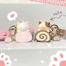 Pandantiv / Breloc Adorabil pentru Geantă și Cheie cu Pisicuță Kawaii și Ruladă Roz-Maro tip Swiss Roll, Accesoriu Decorativ Din PVC Flexibil - Img 4