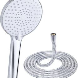 Pară de Duș de Înaltă Presiune cu Furtun Inclus, Cap Rotund 120 mm, 3 Moduri de Pulverizare, Duze Anti-Calcar din Silicon, Finisaj Cromat Lucios, Para de Duș Manuală Antirugină pentru Baie, Hotel și Spa
