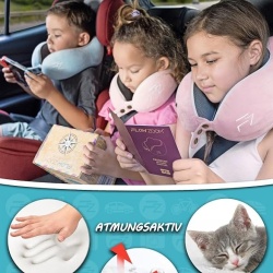 Perna de calatorie pentru copii FLOWZOOM Comfy, spuma cu memorie, husa moale detasabila si lavabila, pentru masina si avion, varsta 6+ ani, marimea M, Albastru - Img 3