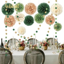 Set 15 Decorațiuni pentru Petrecere , Flori din Hârtie de TissU și Ghirlande cu Buline, Tematică Verde Smarald, Auriu și Maro, Pentru Baby Shower, Nuntă și Aniversări - Img 7