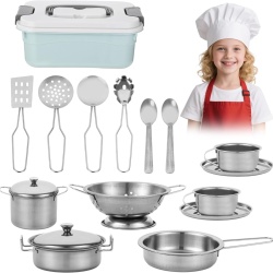 Set 17 Piese Accesorii Bucătărie pentru Copii din Inox 304, Oale, Tigaie, Strecurătoare, Ustensile și Set Cești de Cafea cu Cutie de Depozitare, Vase Joacă Miniatură Realiste pentru Fetițe și Băieți