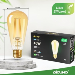 Set 2 Becuri LED Vintage Edison E27 DiCUNO Clasa B 2.5W (Echivalent 40W), 480 lm, Lumină Caldă 2700K, Sticlă Chihlimbar ST58 / ST18 - Img 7