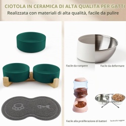 Set 2 Boluri din Ceramică pentru Pisici și Căței cu Suport din Lemn de Bambus, Capacitate 2 x 400 ml, Poziție Ergonomică Anti-Reflux, Verde - Img 2