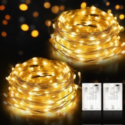 Set 2 Ghirlande Luminoase pe Fir de Cupru Argintat Suright (2 x 12m, 2 x 120 LED-uri, Lumină Alb Cald), Alimentare pe Baterii, Fir Rezistent la Apă, pentru Interior și Exterior