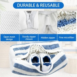 Set 2 Saci de Spălare pentru Încălțăminte și Papuci în Mașina de Spălat, Plasă 360°, Fermoar, Alb și Albastru, 39x19x19 cm - Img 6