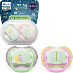 Set 2 Suzete de Noapte Philips AVENT Ultra Air Nighttime, 6–18 Luni, Buton Fosforescent Luminos în Întuneric, Tetină Ortodontică Simetrică din Silicon Moale, Fără BPA, Casetă de Sterilizare la Microunde Inclusă, SCF376/29