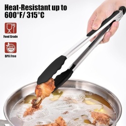 Set 3 clesti de bucatarie din inox cu varfuri din silicon termorezistent, mecanism de blocare, pentru gatit, servire si gratar / BBQ, Negru - Img 3
